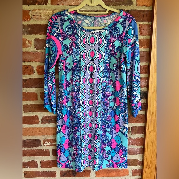 Lilly Pulitzer Pima Cotton Linden Dress "Sea Jewels" 3/4 Sleeves, Blue/Pink, S - Picture 1 of 7
